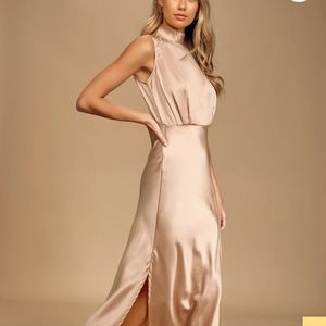 Lulu's satin sleeveless mock neck maxi dress Size L Ivory Side Slit  BP